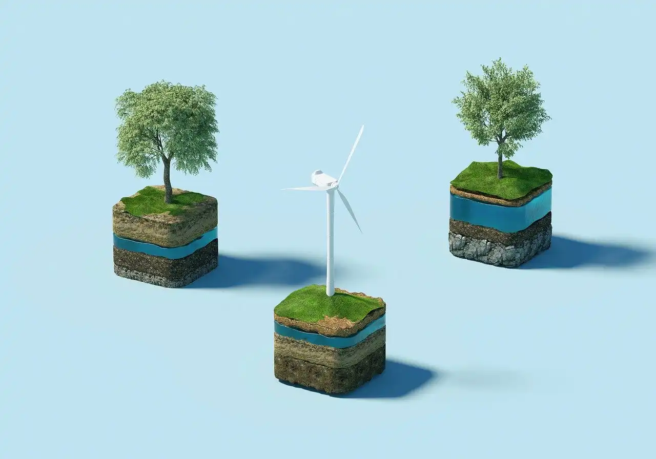 Imagem ilustrativa destacando a importância da sustentabilidade industrial com árvores, turbinas e camadas de solo, promovendo produção mais limpa e eficiente.
